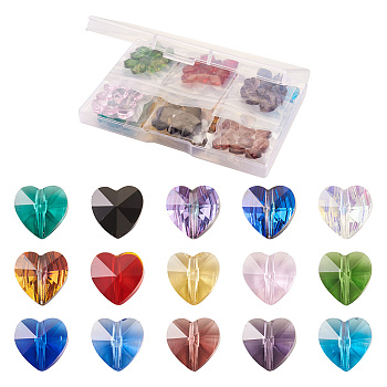 150Pcs 15 Colors Transparent Glass Beads, Faceted, Heart, Mixed Color, 10x10x7mm, Hole: 1~1.2mm, 10pcs/color