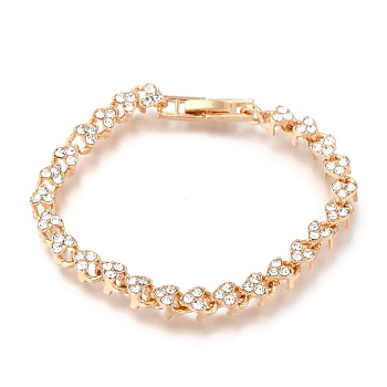 Alloy Heart Link Bracelets, with Clear Cubic Zirconia and Snap Lock Clasps, Light Gold, 7-3/8 inch(18.8cm)