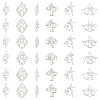 60Pcs 6 Style 201 Stainless Steel Pendants, Etched Metal Embellishments, Snake & Lotus & Leaf & Mushroom Charm, Stainless Steel Color, 30~47x10~32.5x0.2~0.3mm, Hole: 1.4~1.6mm, 10pcs/style