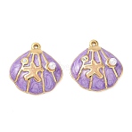 304 Stainless Steel Enamel Pendants, Shell Shape & Starfish Charms, with Rhinestone & Glitter Powder & ABS Imitation Pearl, Ion Plating(IP), Real 18K Gold Plated, Medium Orchid, 21x20.5x6mm, Hole: 1.4mm(STAS-Q119-27G-03)