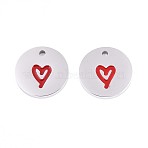 304 Stainless Steel Enamel Charms, Flat Round with Heart Charm, Stainless Steel Color, 13.5x1.5mm, Hole: 1.5mm(STAS-T064-69P-01)
