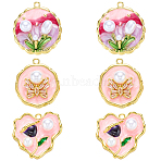 6Pcs 3 Styles Brass Enamel Pendants, with ABS Imitation Pearl, Real 18K Gold Plated, Mixed Shapes with Flower, Pink, 15~22x15~23mm, 2pcs/style(KK-SZ0006-59)