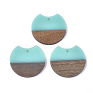 Resin & Walnut Wood Pendants, Gap Flat Round, Dark Turquoise, 33x37x3mm, Hole: 1.8mm(RESI-T023-11D)