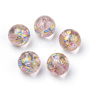 Printed Glass Beads, Round with Flower Pattern, Pink, 11~12x11mm, Hole: 1.5mm(GFB-Q001-12mm-D02)