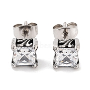 Square 316 Surgical Stainless Steel Pave Clear Cubic Zirconia Stud Earrings for Women Men, Antique Silver, 7x7mm(EJEW-Z050-14AS)