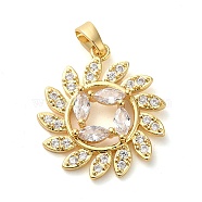 Brass Micro Pave Clear Cubic Zirconia with Glass Pendants, Flower Charms, Real 18K Gold Plated, 22x19x3.5mm, Hole: 3x4mm(KK-G483-06G)