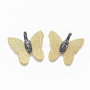Iron Pendants, Electroplate Natural Leaf, with Polymer Clay Rhinestone, Butterfly, Jet Hematite, Golden Plated, PP11(1.7~1.8mm), 29.5x31x5mm, Hole: 2.5x5mm(IFIN-T013-003A)