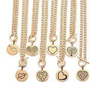 304 Stainless Steel Pendant Necklaces, with Enamel and Cuban Link Chains, Flat Round with Mixed Patterns, Golden, 18.8 inch(47.8cm)(NJEW-L458-041G)