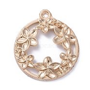Zinc Alloy Open Back Bezel Pendants, For DIY UV Resin, Epoxy Resin, Pressed Flower Jewelry, Flat Round with Flower, Light Gold, 34x29.5x4mm, Hole: 3mm(PALLOY-E577-22KCG)