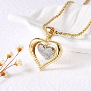 Heart Brass Micro Pave Clear Cubic Zirconia Pendant Necklaces for Women, Real 18K Gold Plated, 16.61 inch(42.2cm), Pendant: 28x30x6mm(NJEW-S385-04B-G)