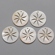 Natural Freshwater Shell Pendants, Flat Round with Hollow Windmill, 30x2mm, Hole: 1.6mm(X-SHEL-R021-05)