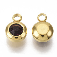 Rhinestone Charms, February Birthstone Charms, with 201 Stainless Steel, Flat Round, Golden, Amethyst, 9x6.5x4mm, Hole: 1.8mm(STAS-S105-JN920-2)