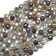 Natural Green Lodolite Quartz/Garden Quartz Beads Strands, with Seed Beads, Faceted, Flat Round, 6~6.5x4mm, Hole: 1mm, about 50pcs/strand, 15.35''(39cm)(G-K389-B44-01)