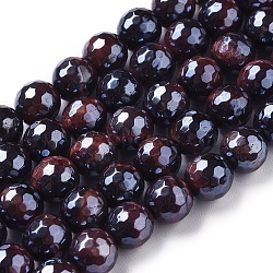 Electroplated Natural Tiger Eye Beads Strands, Faceted, Round, Coconut Brown, 6mm, Hole: 1mm, about 64~65pcs/strand, 15.1~15.3 inch(38.5~39cm)(G-F660-02-6mm)