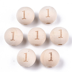 Unfinished Natural Wood European Beads, Large Hole Beads, Laser Engraved Pattern, Round with Number, Num.1, 15~16x14~15mm, Hole: 4mm(WOOD-S045-141A-1)