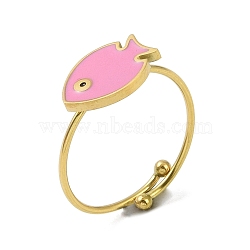 Ion Plating(IP) Fish 304 Stainless Steel Enamel Ring, Nickel Free, 316 Surgical Stainless Steel Open Cuff Ring for Women, Real 18K Gold Plated, Pearl Pink, Adjustable(RJEW-A038-14G-01)