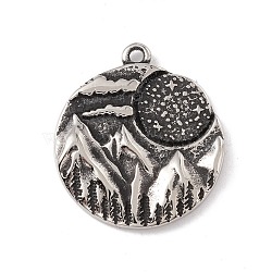304 Stainless Steel Pendant, Flat Round with Mountain, Antique Silver, 27x23.5x3.5mm, Hole: 1.8mm(STAS-E158-23AS)