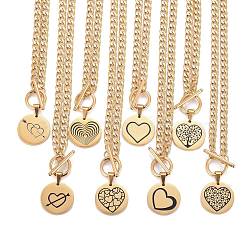 304 Stainless Steel Pendant Necklaces, with Enamel and Cuban Link Chains, Flat Round with Mixed Patterns, Golden, 18.8 inch(47.8cm)(NJEW-L458-041G)