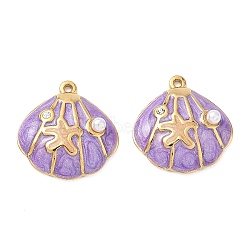 304 Stainless Steel Enamel Pendants, Shell Shape & Starfish Charms, with Rhinestone & Glitter Powder & ABS Imitation Pearl, Ion Plating(IP), Real 18K Gold Plated, Medium Orchid, 21x20.5x6mm, Hole: 1.4mm(STAS-Q119-27G-03)