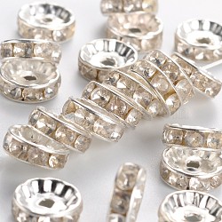 Brass Rhinestone Spacer Beads, Grade B, Clear, Silver Color Plated, Size: about 10mm in diameter, 4mm thick, hole: 2mm(RSB039-B01)