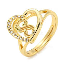 Heart with Letter Rack Plating Brass Micro Pave Cubic Zirconia Adjustable Rings for Women, Lead Free & Cadmium Free, Real 18K Gold Plated, Letter S, Inner Diameter: 16mm(RJEW-I105-06G-S)