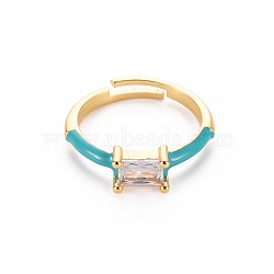 Brass Enamel Cuff Rings, Open Rings, with Clear Cubic Zirconia, Nickel Free, Rectangle, Golden, Dark Turquoise, US Size 7 1/4(17.5mm)(RJEW-T016-23E-NF)