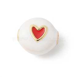 Brass Enamel Beads, Round with Heart, Rack Plating, Cadmium Free & Lead Free, Long-Lasting Plated, Real 18K Gold Plated, White, 8.5x9x5.5mm, Hole: 1.8mm(KK-P294-53G-02)