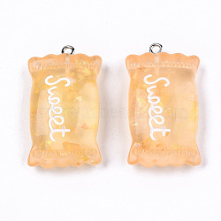 Transparent Resin Pendants, with Paillette & Platinum Tone Iron Peg Bail, Candy with Word Sweet, Sandy Brown, 37x20.5x9.5mm, Hole: 2mm(RESI-S356-54B-03)