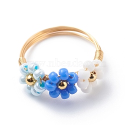 Glass Seed Braided Bead Flower Finger Rings, Gold Plated Copper Wire Wrap Jewelry for Women, Royal Blue, US Size 8 1/2(18.5mm)(RJEW-TA00054-02)
