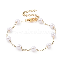 Round Plastic Imitation Pearl Beaded Bracelets, with PVD Vacuum Plating 304 Stainless Steel Curb Chains, White, Golden, 7-1/8 inch(18cm)(BJEW-E054-02G)