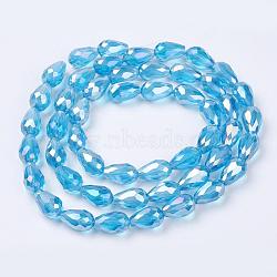 Electroplate Glass Beads Strands, AB Color Plated, Faceted Teardrop, Sky Blue, 15x10mm, Hole: 1mm, 50pcs/strand, 27.1 inch(EGLA-D015-15x10mm-22)