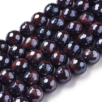 Electroplated Natural Tiger Eye Beads Strands, Faceted, Round, Coconut Brown, 6mm, Hole: 1mm, about 64~65pcs/strand, 15.1~15.3 inch(38.5~39cm)