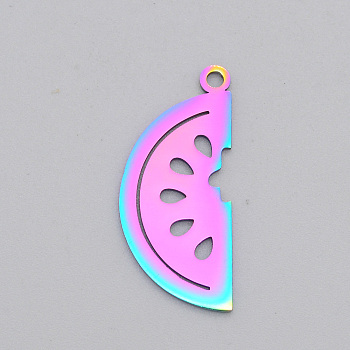 Ion Plating(IP) 201 Stainless Steel Pendants, Laser Cut, Watermelon, Rainbow Color, 29x13x1mm, Hole: 1.8mm