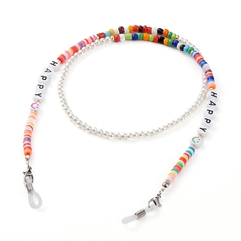Rainbow Eyeglasses Chains, Neck Strap for Eyeglasses, with Polymer Clay Heishi Beads, Glass Seed Beads, Acrylic Beads and Rubber Loop Ends, Word Happy, Colorful, 24.8 inch(63cm)
