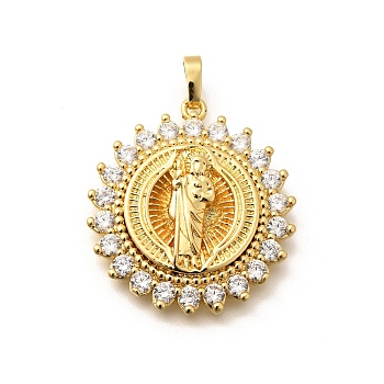 Religion Themed Rack Plating Brass Micro Pave Cubic Zirconia Pendants, Long-Lasting Plated, Lead Free & Cadmium Free, Mixed Shape Charms, Flat Round, 29.5x26.5x5.5mm, Hole: 5x3mm