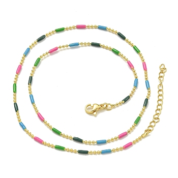 Brass Enamel Column Link Chain Necklaces, Real 18K Gold Plated, Lead Free & Cadmium Free & Nickel Free, Long-Lasting Plated, Colorful, 17.83~17.91  inch(45.3~45.5cm)