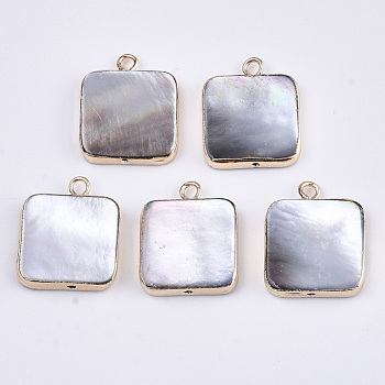 Natural Black Lip Shell Pendants, with Edge Brass Golden Plated and Iron Loops, Half Drilled, Square, 18x15x3.5mm, Hole: 1~1.8mm