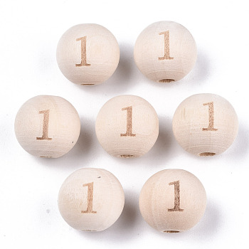 Unfinished Natural Wood European Beads, Large Hole Beads, Laser Engraved Pattern, Round with Number, Num.1, 15~16x14~15mm, Hole: 4mm