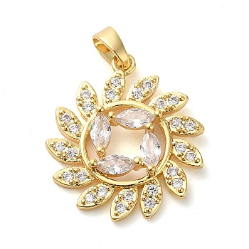 Brass Micro Pave Clear Cubic Zirconia with Glass Pendants, Flower Charms, Real 18K Gold Plated, 22x19x3.5mm, Hole: 3x4mm