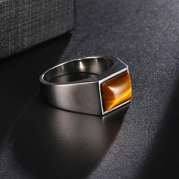 Rectangle Natural Tiger Eye Finger Ring, Alloy Jewelry, Platinum, US Size 10 1/4(19.9mm)