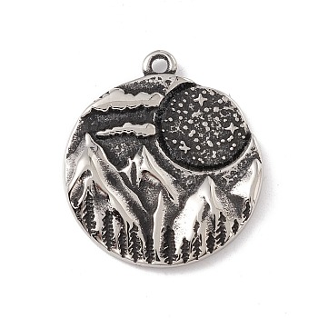 304 Stainless Steel Pendant, Flat Round with Mountain, Antique Silver, 27x23.5x3.5mm, Hole: 1.8mm