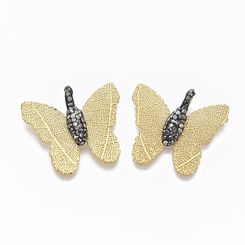 Iron Pendants, Electroplate Natural Leaf, with Polymer Clay Rhinestone, Butterfly, Jet Hematite, Golden Plated, PP11(1.7~1.8mm), 29.5x31x5mm, Hole: 2.5x5mm