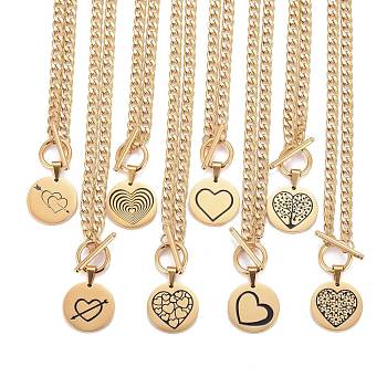 304 Stainless Steel Pendant Necklaces, with Enamel and Cuban Link Chains, Flat Round with Mixed Patterns, Golden, 18.8 inch(47.8cm)
