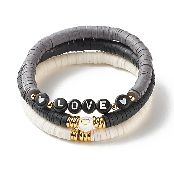 Love Heart Beads Stretch Bracelets Set for Women, Polymer Clay Heishi Beads Sufer Bracelets, Golden, Mixed Color, Inner Diameter: 2~2-3/8 inch(5.1~5.9cm), 3pcs/set