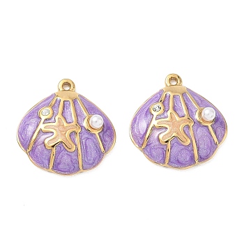 304 Stainless Steel Enamel Pendants, Shell Shape & Starfish Charms, with Rhinestone & Glitter Powder & ABS Imitation Pearl, Ion Plating(IP), Real 18K Gold Plated, Medium Orchid, 21x20.5x6mm, Hole: 1.4mm