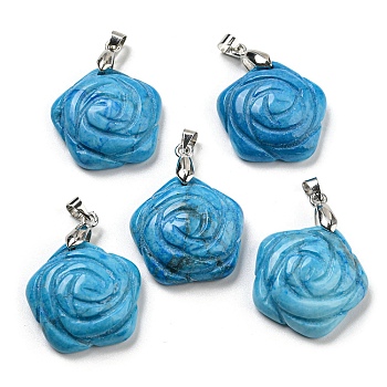 Natural Howlite Dyed Carved Pendants, Flower Charms with Rack Plating Platinum Plated Brass Pinch Bails, 30x22.5x7.5mm, Hole: 4.5x4mm
