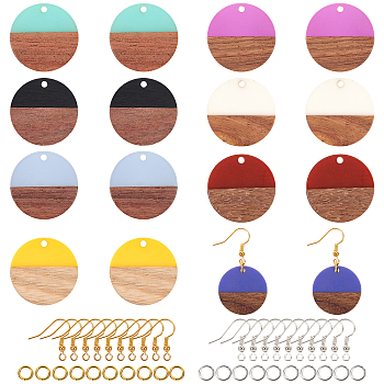 Olycraft DIY Dangle Earring Making Kits, Including Resin & Walnut Wood Pendants, Brass Earring Hooks, Brass Jump Rings, Flat Round, Mixed Color, Pendant: 24.5~25x2.5~4.5mm, Hole: 2mm, 8 colors, 2pcs/color, 16pcs/box