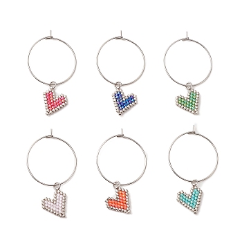 Glass Heart Wine Glass Charms, with 316 Surgical Stainless Steel Hoop Earring Findings, Mixed Color, 46mm