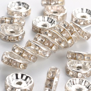 Brass Rhinestone Spacer Beads, Grade B, Clear, Silver Color Plated, Size: about 10mm in diameter, 4mm thick, hole: 2mm