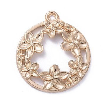 Zinc Alloy Open Back Bezel Pendants, For DIY UV Resin, Epoxy Resin, Pressed Flower Jewelry, Flat Round with Flower, Light Gold, 34x29.5x4mm, Hole: 3mm